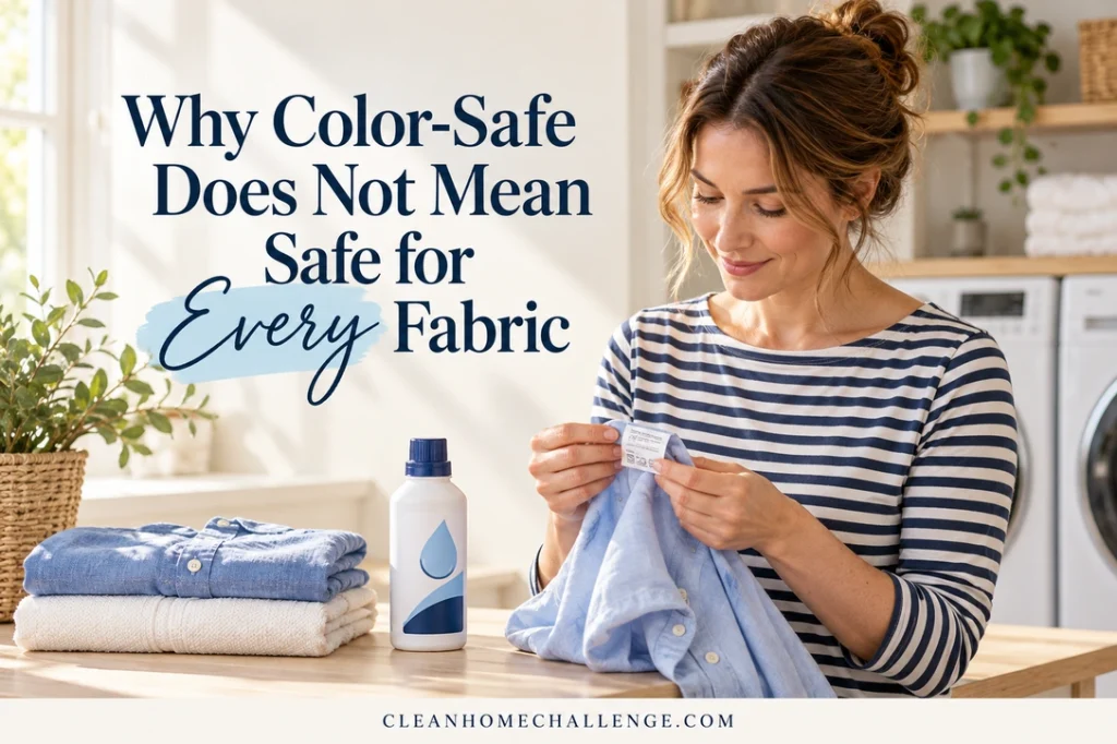 A woman in a striped shirt checks a blue shirt's care tag beside a capped laundry bottle and folded towels.