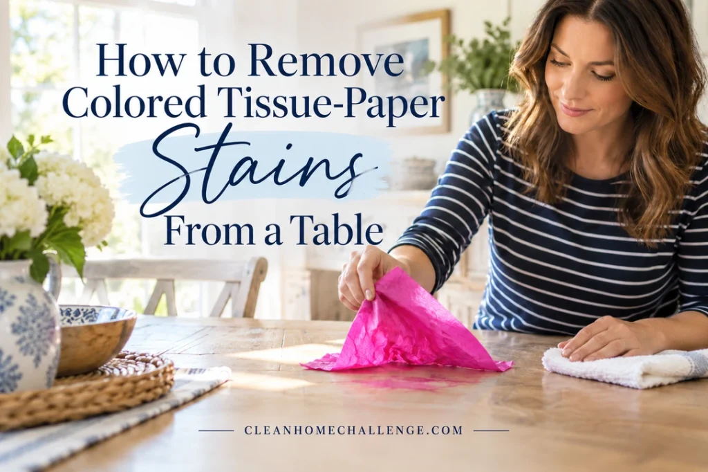 Woman lifting magenta tissue paper from a pink-marked wooden dining table with a white cloth nearby.