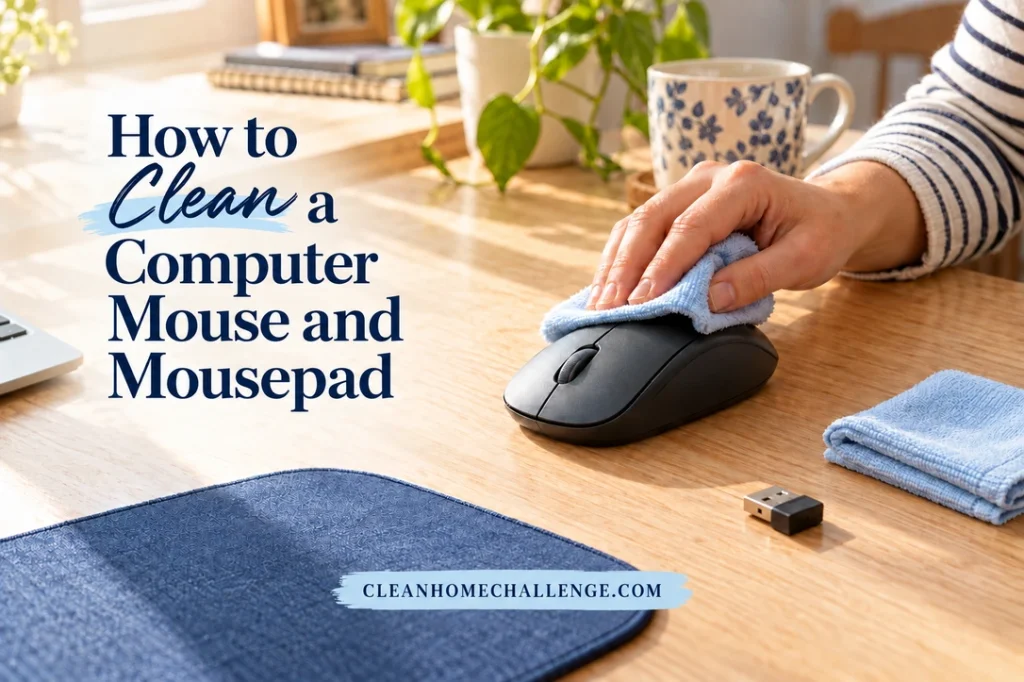 A striped sleeve and soft cloth beside a disconnected charcoal mouse and separate blue mousepad on a sunlit desk.