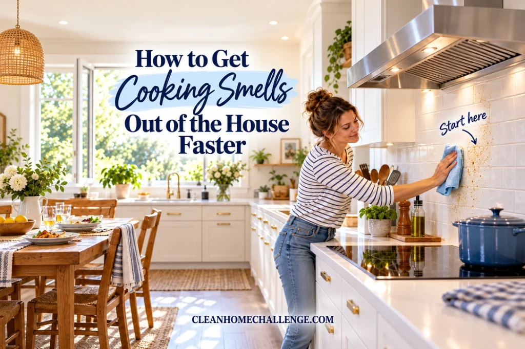 Mother wiping greasy residue from a cool kitchen backsplash beneath a range hood, with an open window nearby.