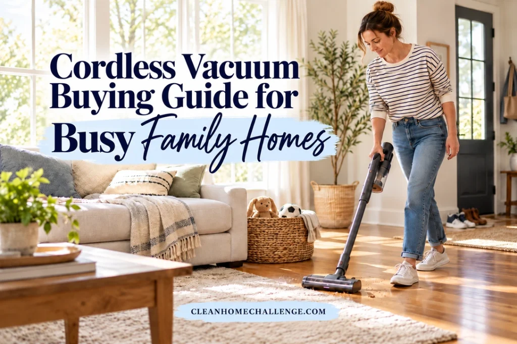 A mom vacuums crumbs beside a living-room rug with a cordless stick vacuum in a sunlit family home.