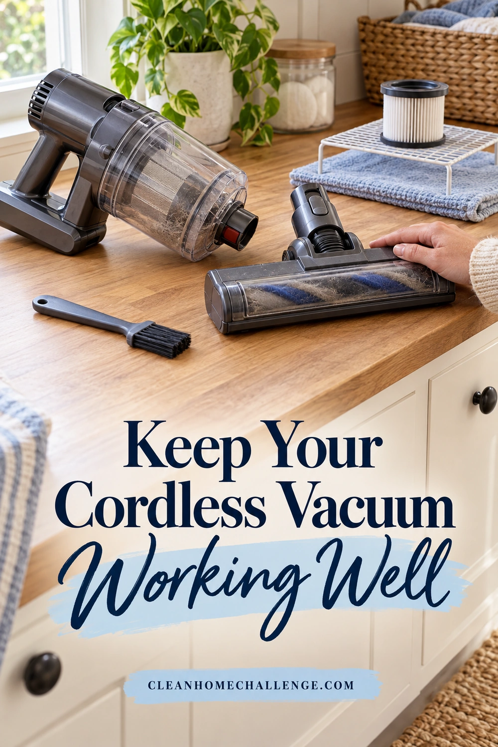A powered-off vacuum and detached floor head rest on a dry laundry counter while a separate filter air-dries on a raised rack.