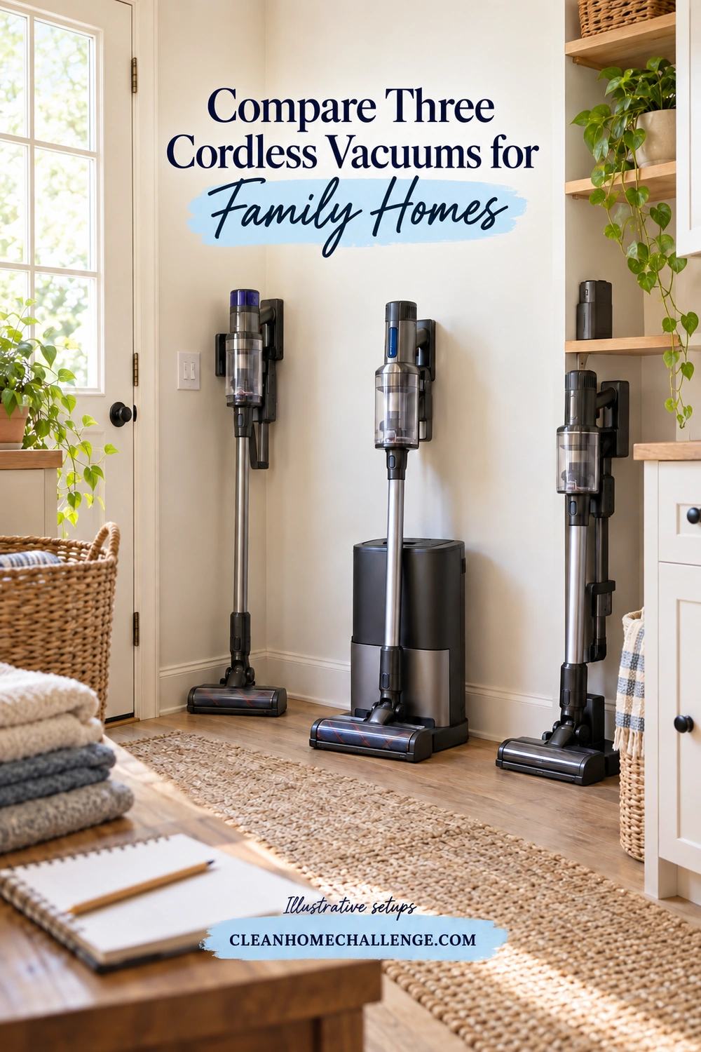 Three illustrative unbranded cordless vacuums stand in a home utility corner with different storage bases and a spare battery on a shelf.