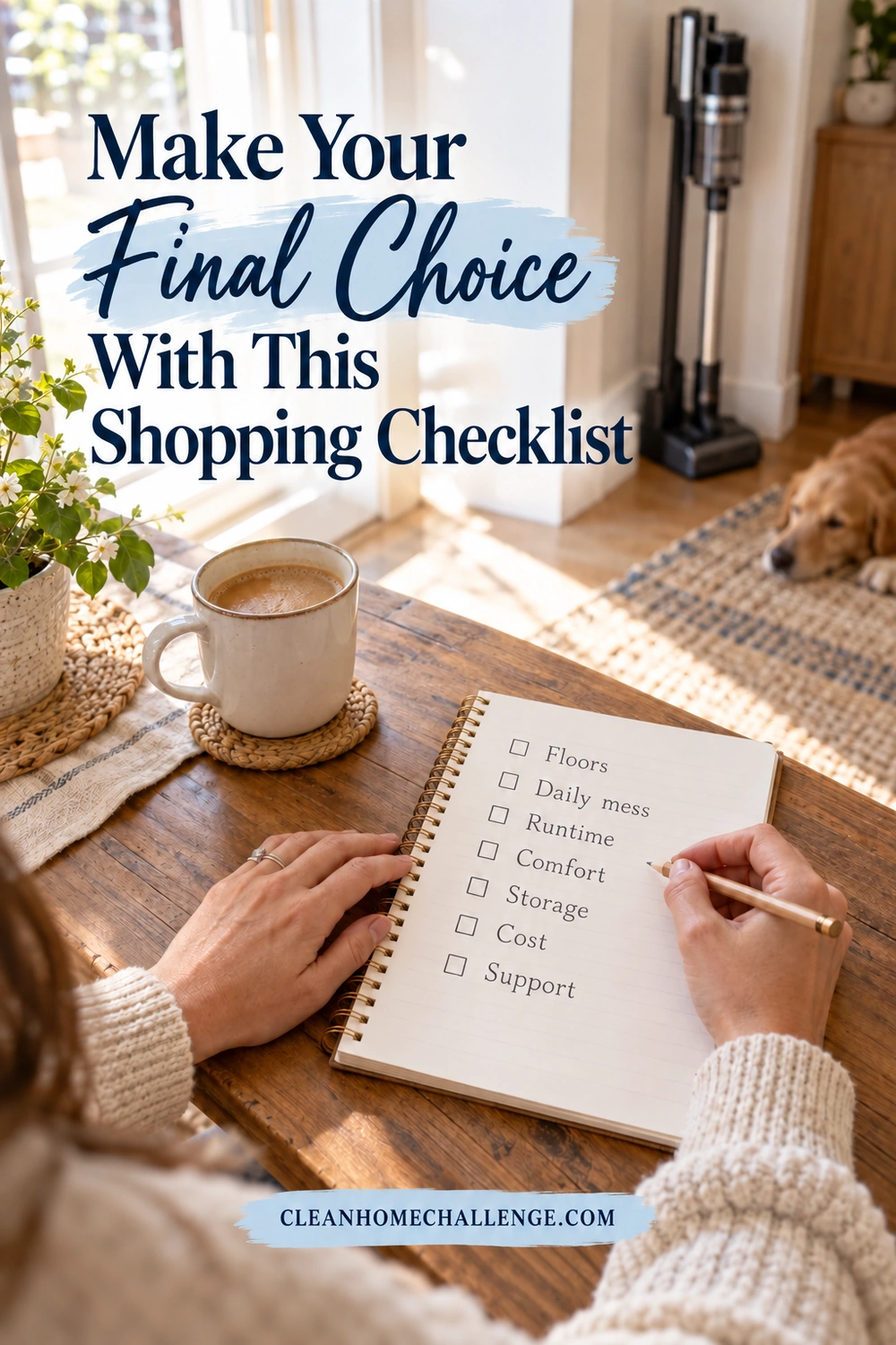 Hands review a seven-item vacuum shopping checklist at a family table, with a docked vacuum and resting dog behind.