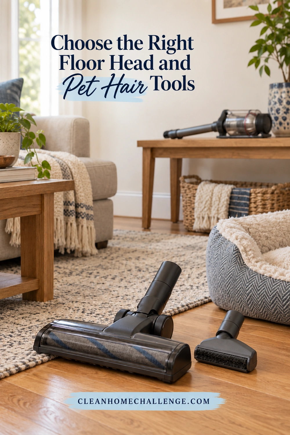 A detached vacuum floor head and separate upholstery attachment sit on wood flooring beside a rug and fabric pet bed.
