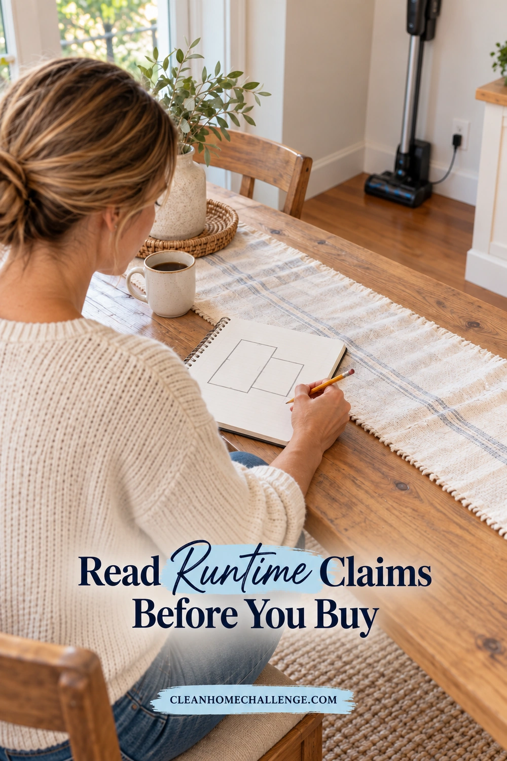 A mom sketches a cleaning route in a notebook at a wood table, with a docked cordless vacuum near an outlet in the background.