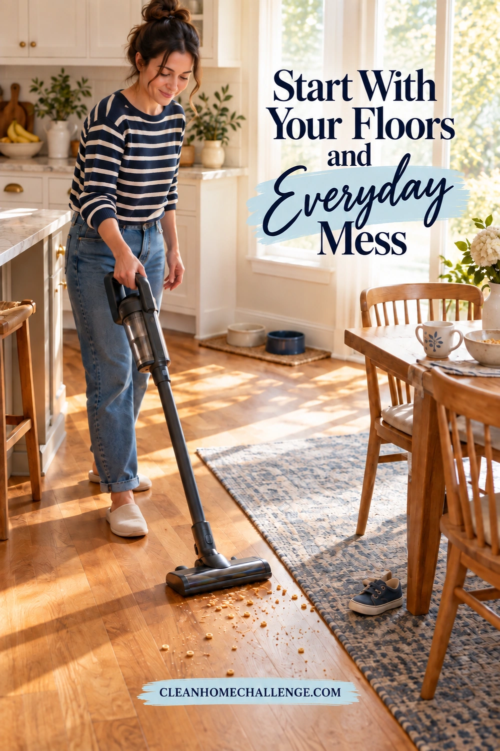 A mom vacuums dry crumbs on a wood kitchen floor beside a low-pile rug, with pet bowls nearby.
