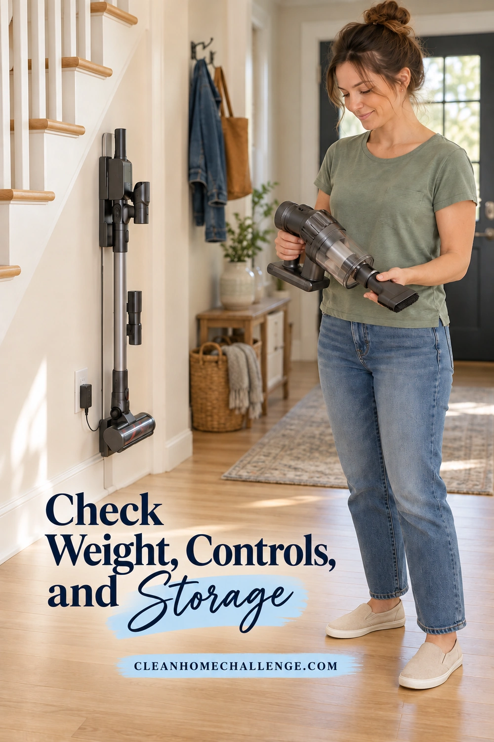 A mom tests the grip of a powered-off handheld vacuum while standing beside wall-mounted vacuum storage at the foot of stairs.