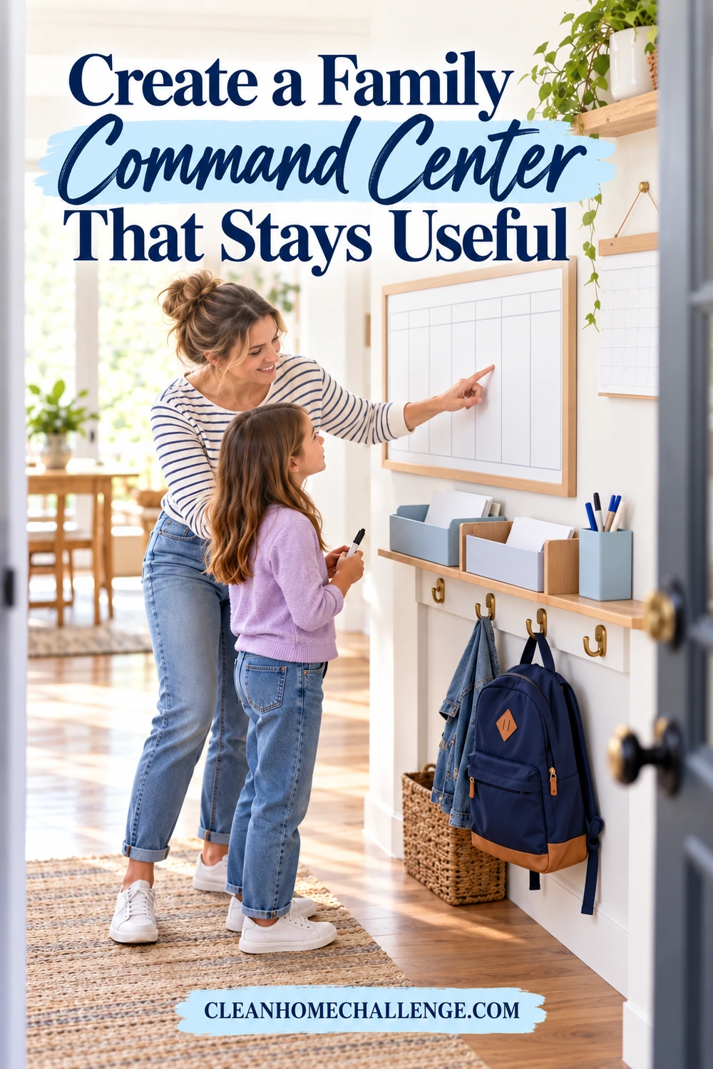 A mother and daughter review a blank weekly wall calendar above paper trays and backpack hooks.