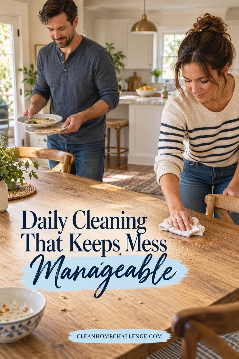 One adult collecting used dishes while another wipes crumbs from a wooden dining table.