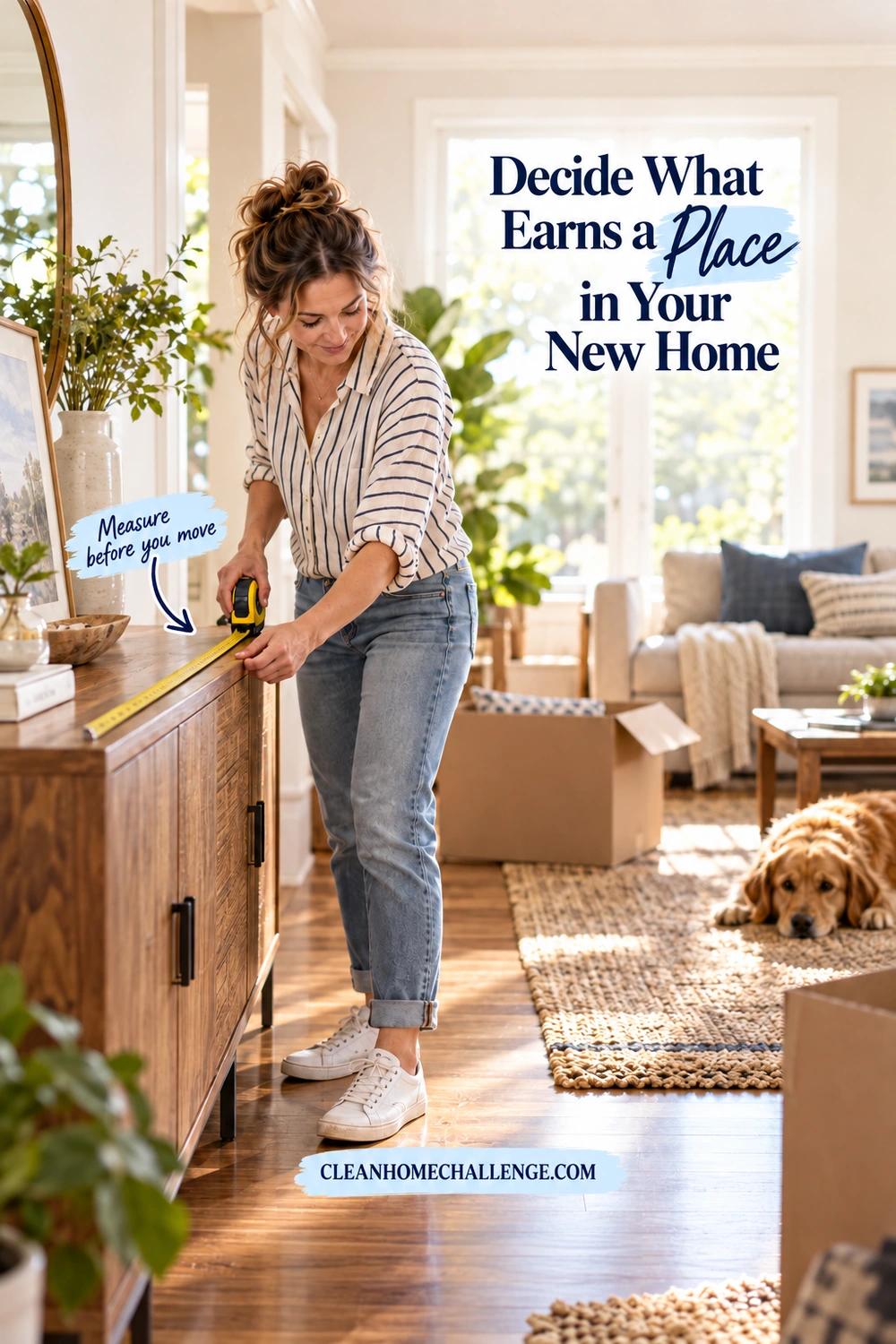 Woman measuring the top of a wooden sideboard with a yellow tape measure, with an open moving box and a dog in the living room behind her.