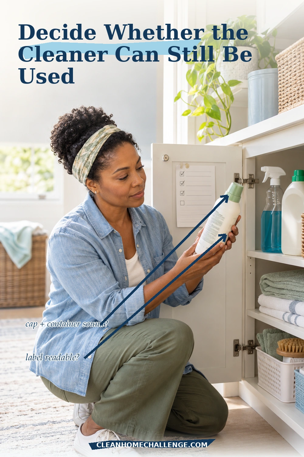 Woman inspecting the cap, container, and label of an older cleaning product