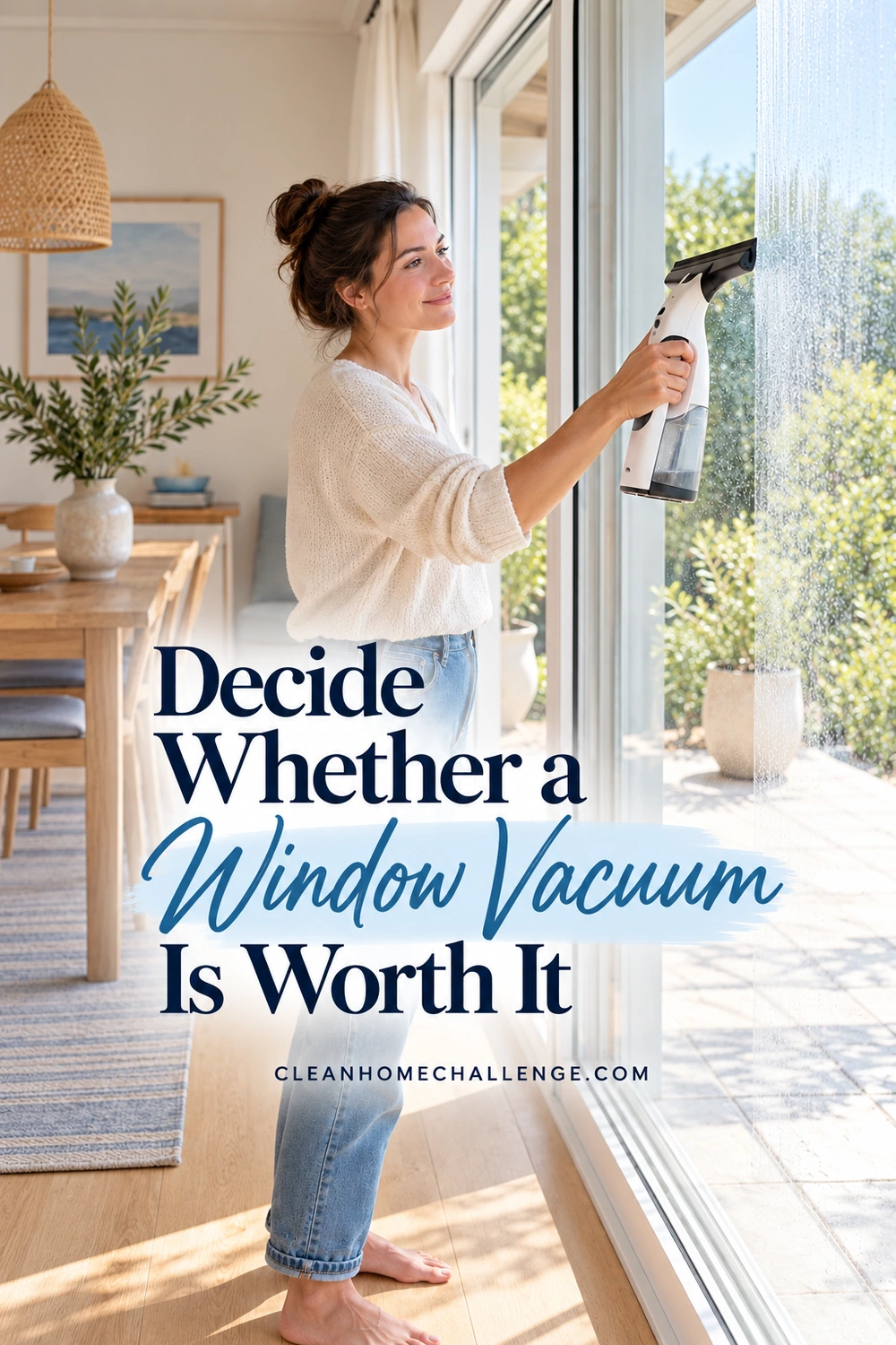 A woman holds a white-and-blue window vacuum with a visible collection tank against a wet sliding glass door.