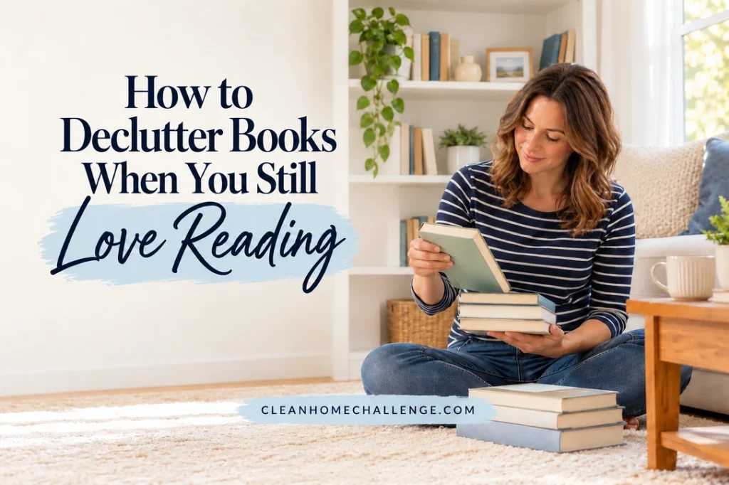 Woman in a striped top reviewing a small stack of books beside a family living room bookshelf.