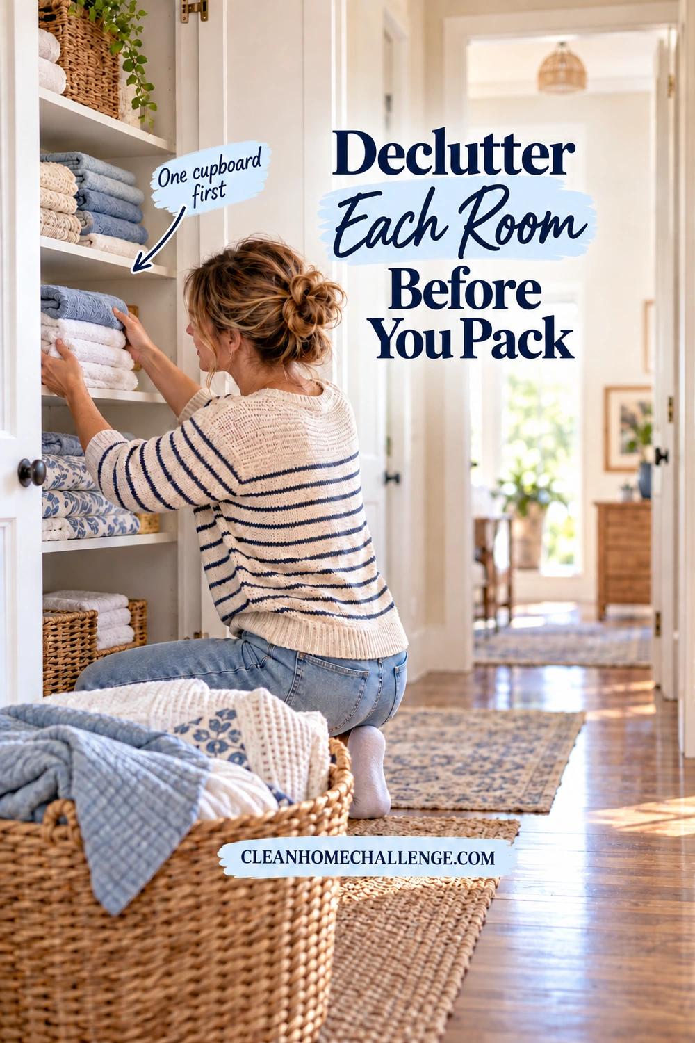 Woman arranging folded towels in an open linen cupboard beside a basket of bedding, with a callout pointing to one shelf.