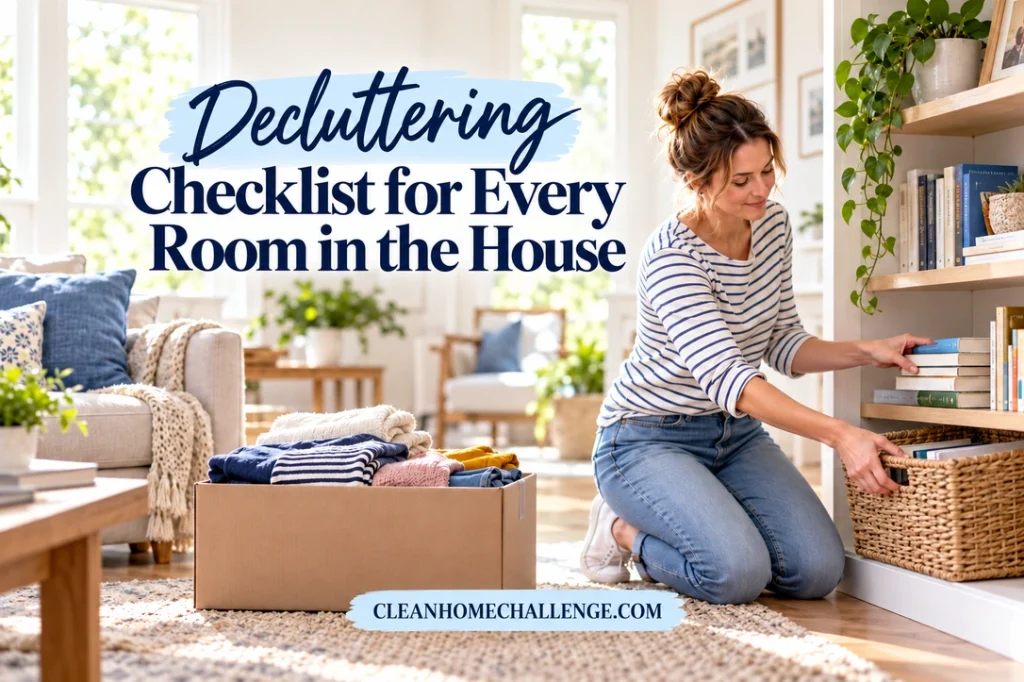 Woman sorting books and a woven basket on a living room shelf beside a box of folded clothing.