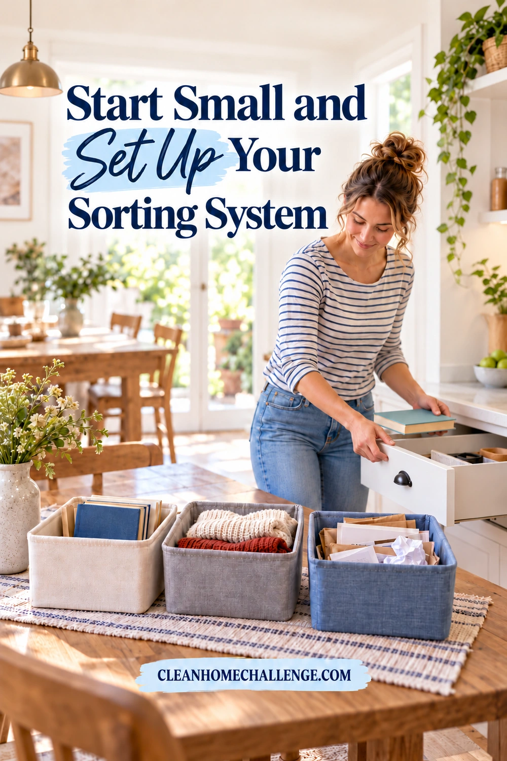 Woman sorting a kitchen drawer beside containers holding books, clothing and recyclable paper.
