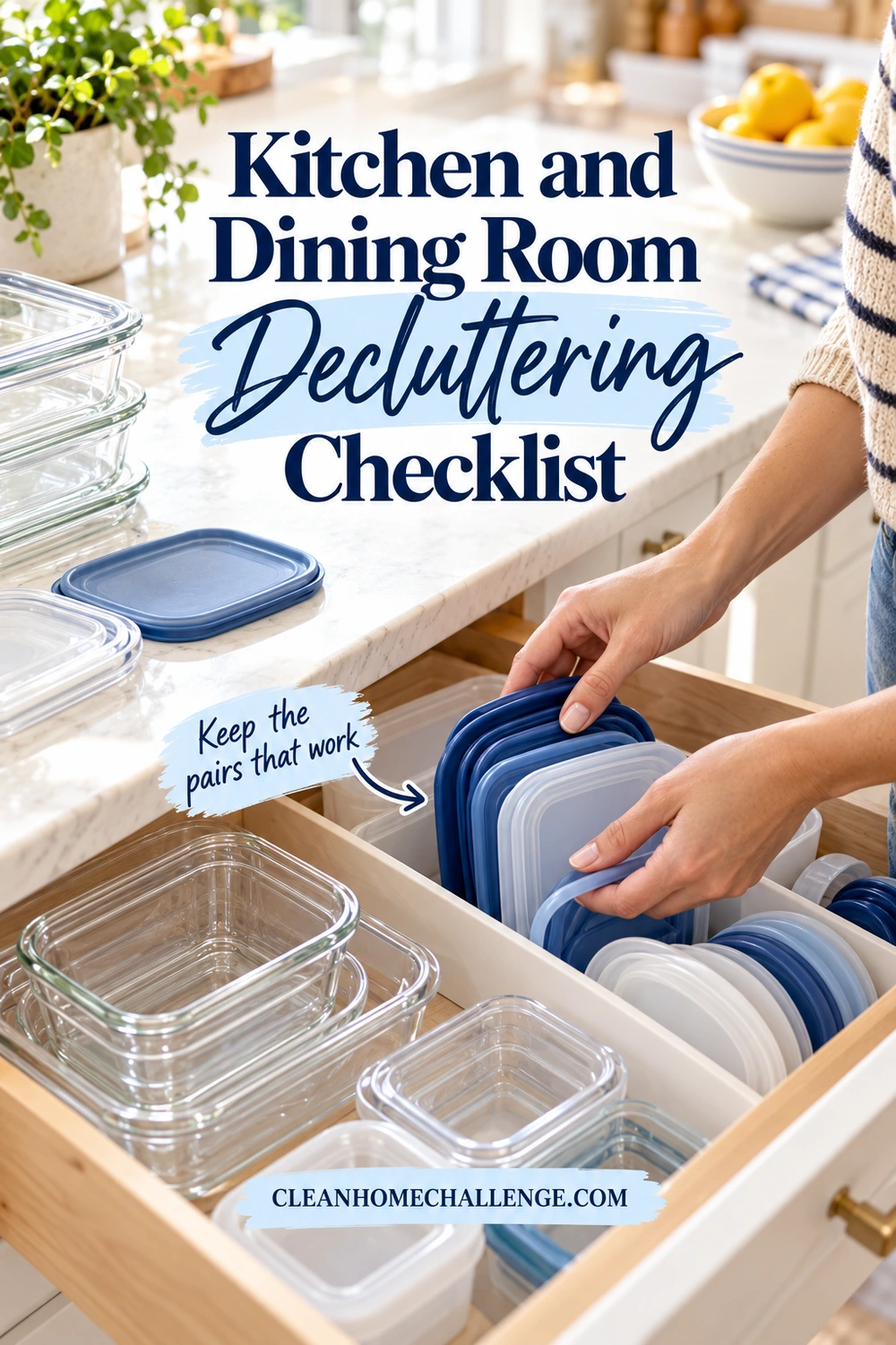 Hands matching food containers and lids in a kitchen drawer beside a clear preparation counter.