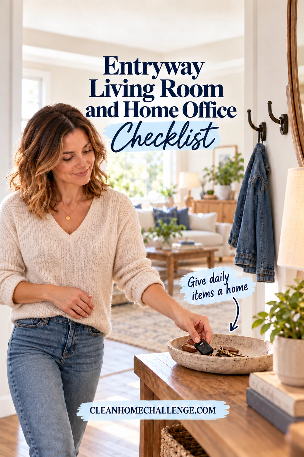 Family member placing keys in a tray beside a bag hook and a tidy living room sideboard.