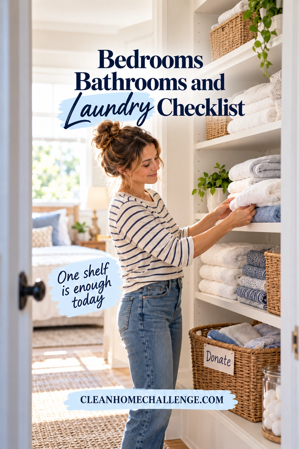 Woman reviewing folded towels on a linen shelf with a small donation basket beside her.