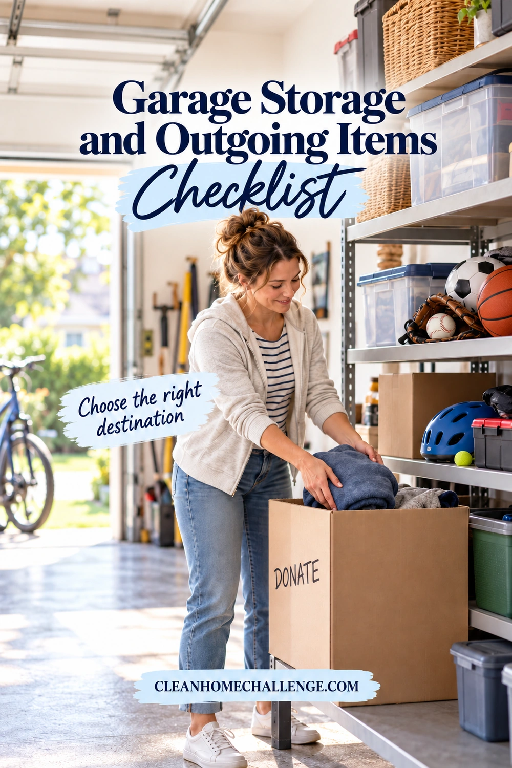 Woman placing folded fabric in a donation carton beside a reachable garage shelf and sports equipment.