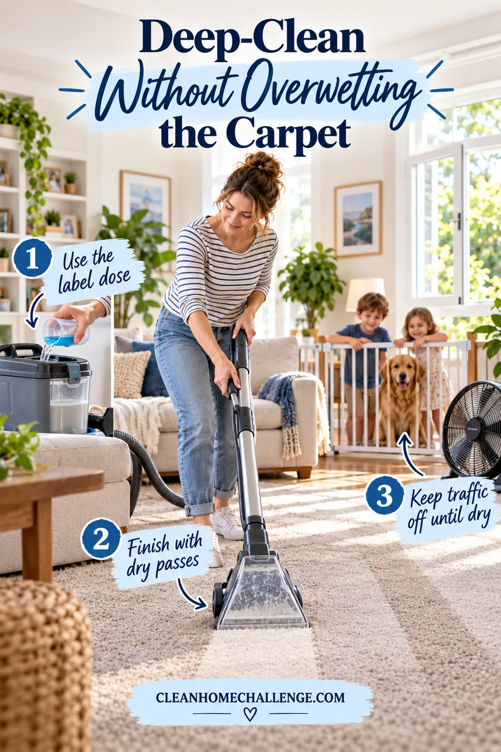 Woman using a carpet extractor while children and a dog wait behind a gate and a fan dries the room.