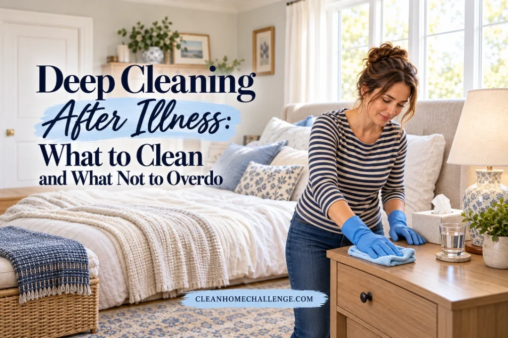 A woman in a striped shirt and blue gloves wipes a bedside table with a microfiber cloth in a softly lit bedroom.