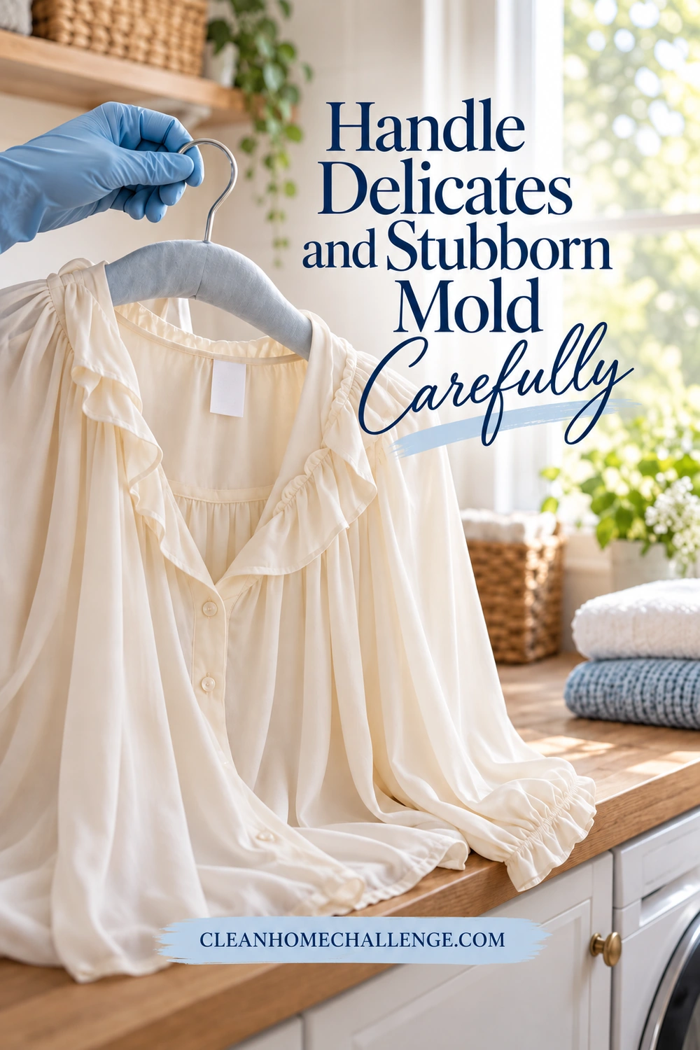 A blue-gloved hand holds a cream blouse on a padded hanger, with its blank care tag visible and folded knitwear on the counter.