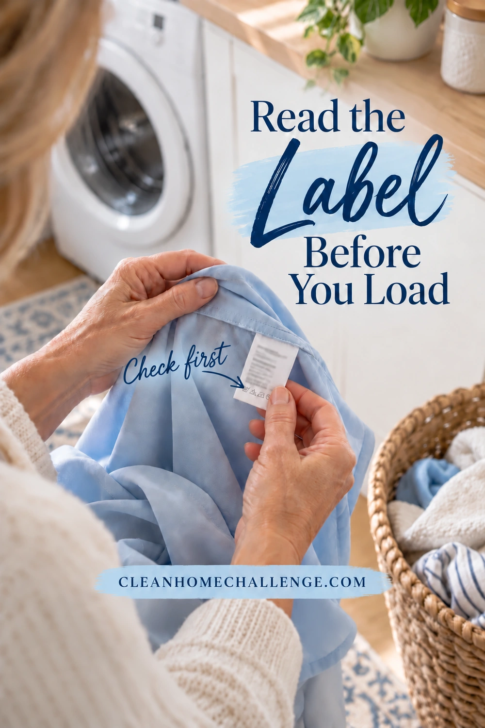 A person in a cream sweater holds the care label inside a light blue blouse beside a washer and a woven laundry basket.