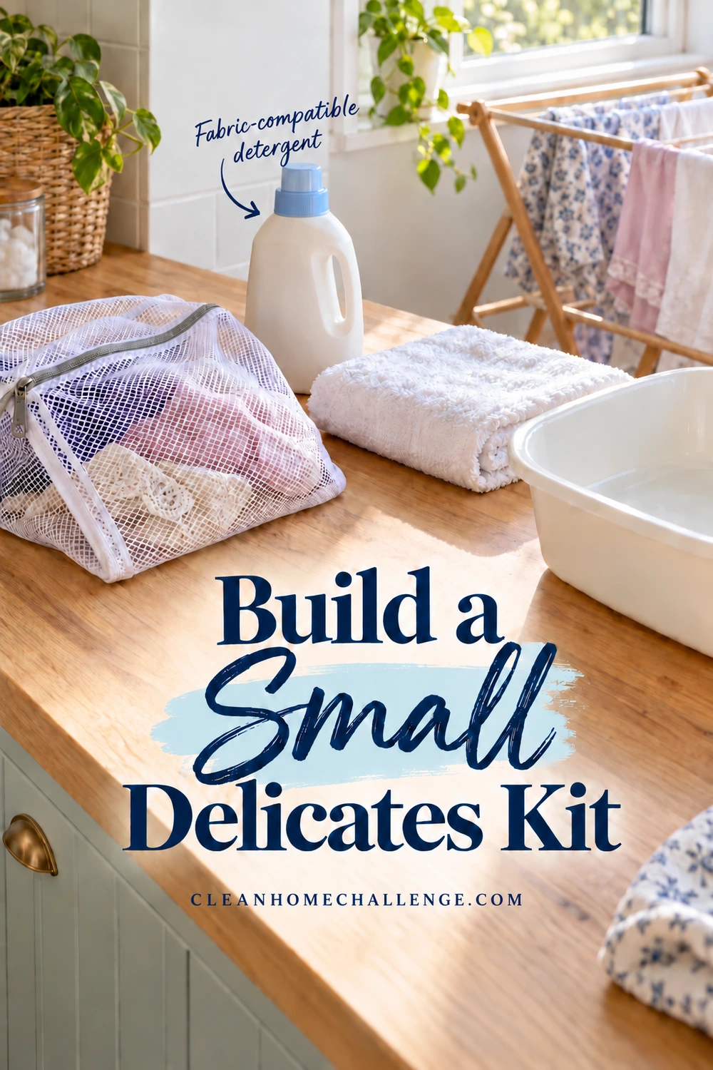 A mesh laundry bag, detergent bottle, folded white towel, and basin sit on a wooden counter with clothes on a drying rack behind them.