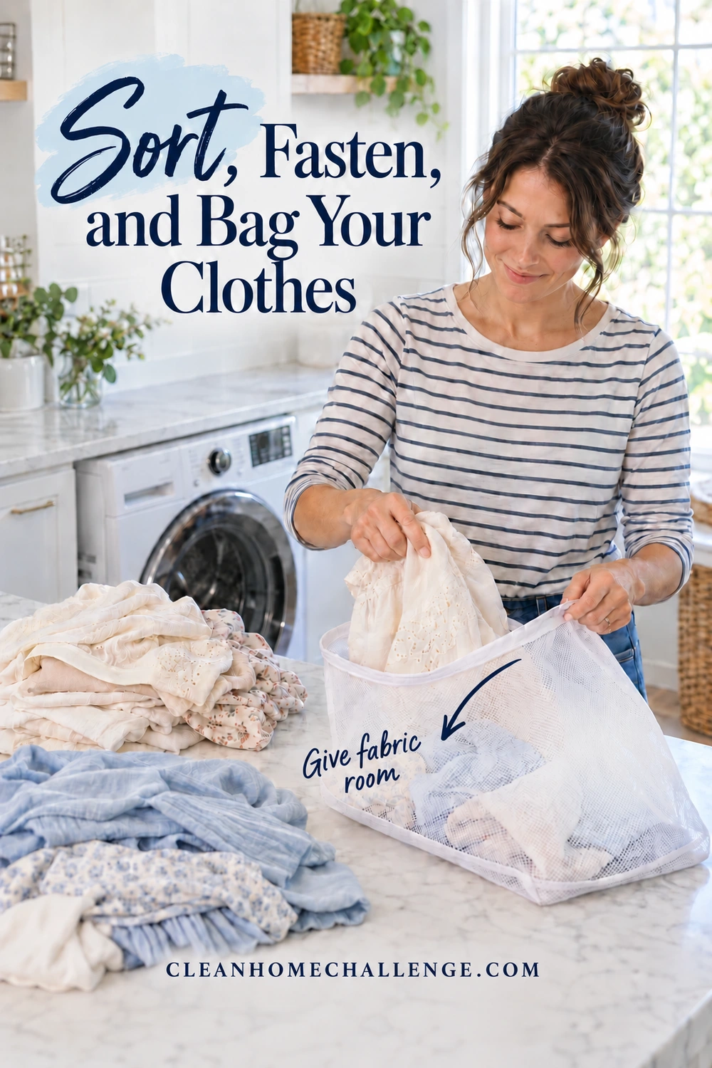 A woman in a striped shirt lowers a cream top into a roomy mesh laundry bag beside sorted pale clothes.