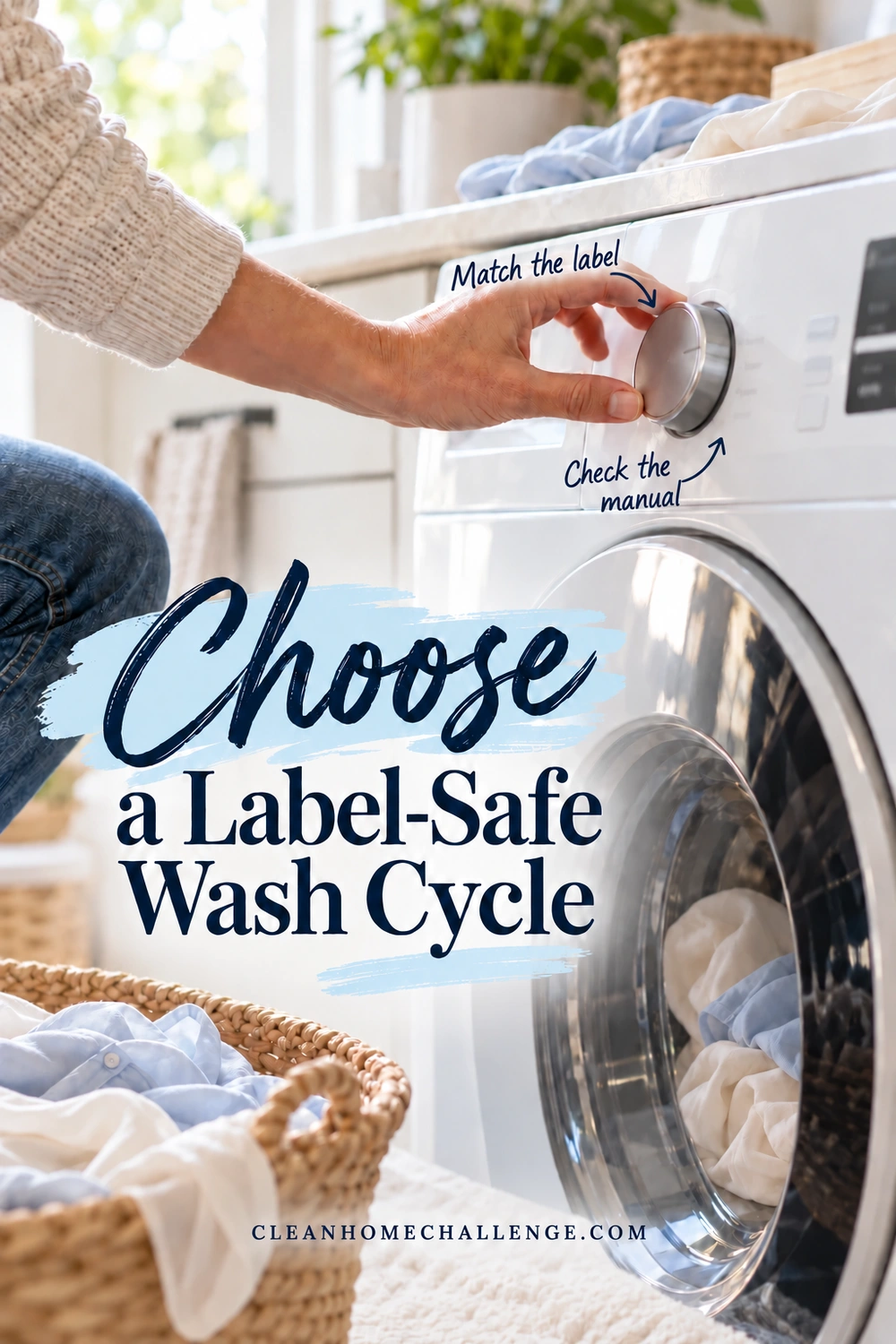 A hand adjusts the dial on a white front-loading washer beneath a counter holding a pale blue garment.