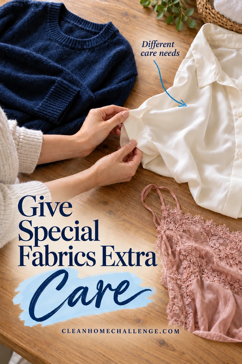 Hands hold the sleeve of a cream blouse beside a navy knit sweater and pink lace camisole on a wooden table.
