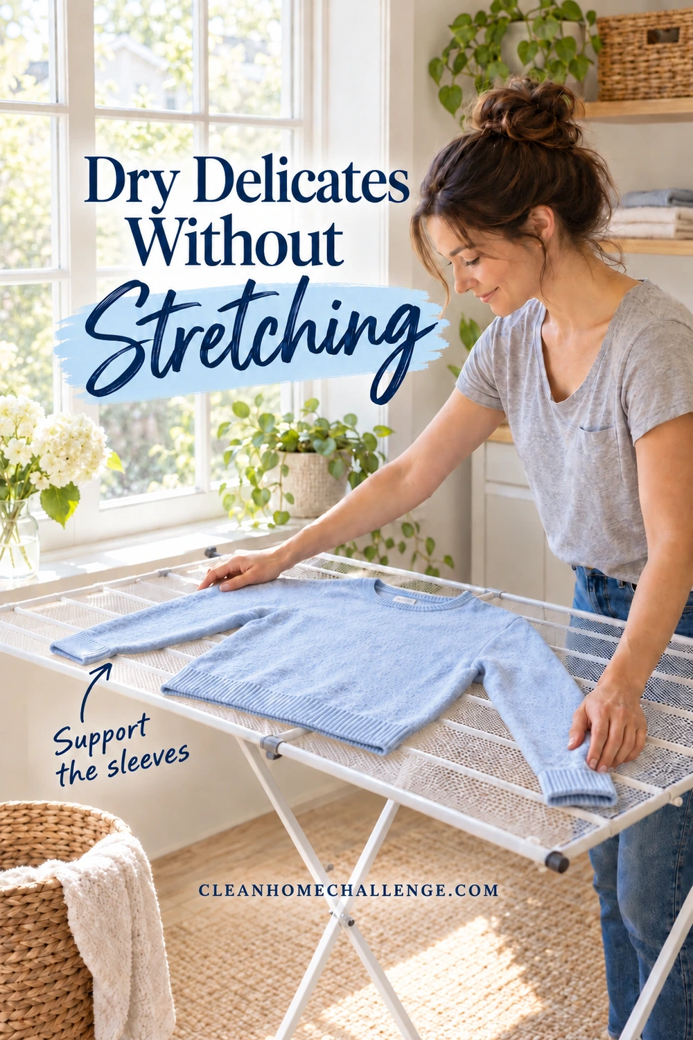 A woman in a gray T-shirt arranges a light blue sweater flat on a mesh drying rack with both sleeves supported.