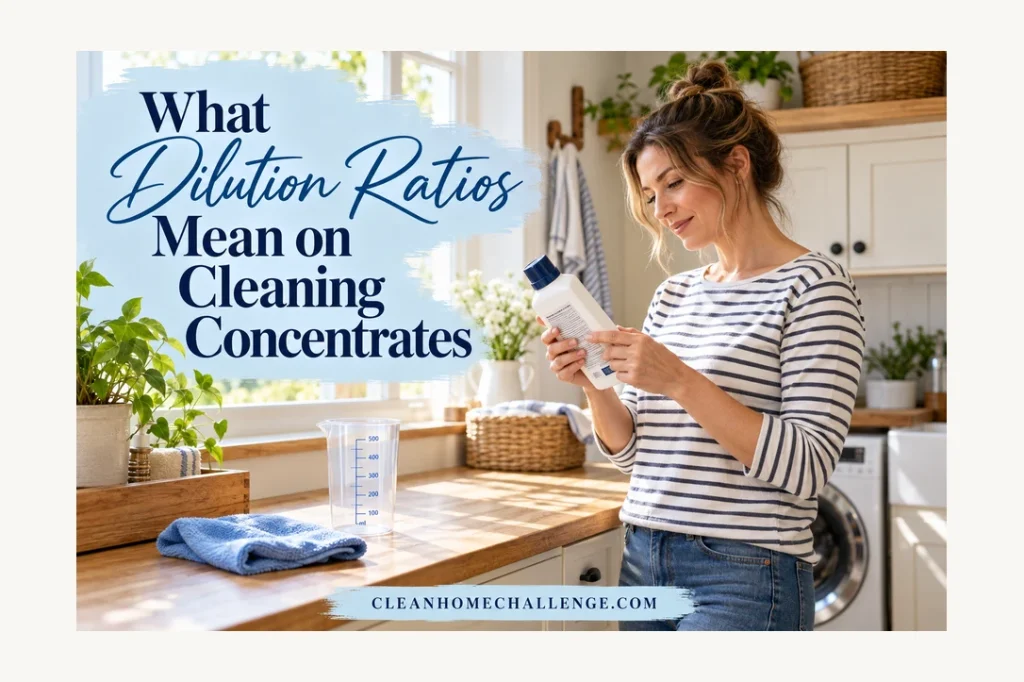 A woman in a striped shirt reads a closed cleaner bottle beside an empty measuring vessel and blue cloth.