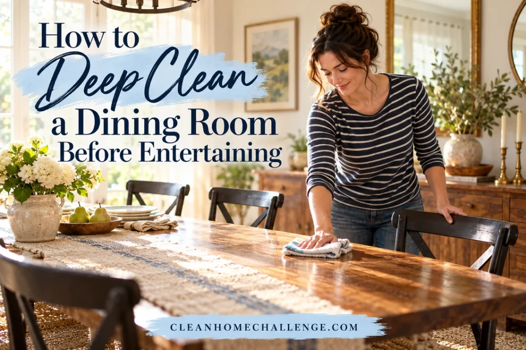 A woman in a navy striped shirt wipes a wooden dining table with a folded cloth in a sunlit family dining room.