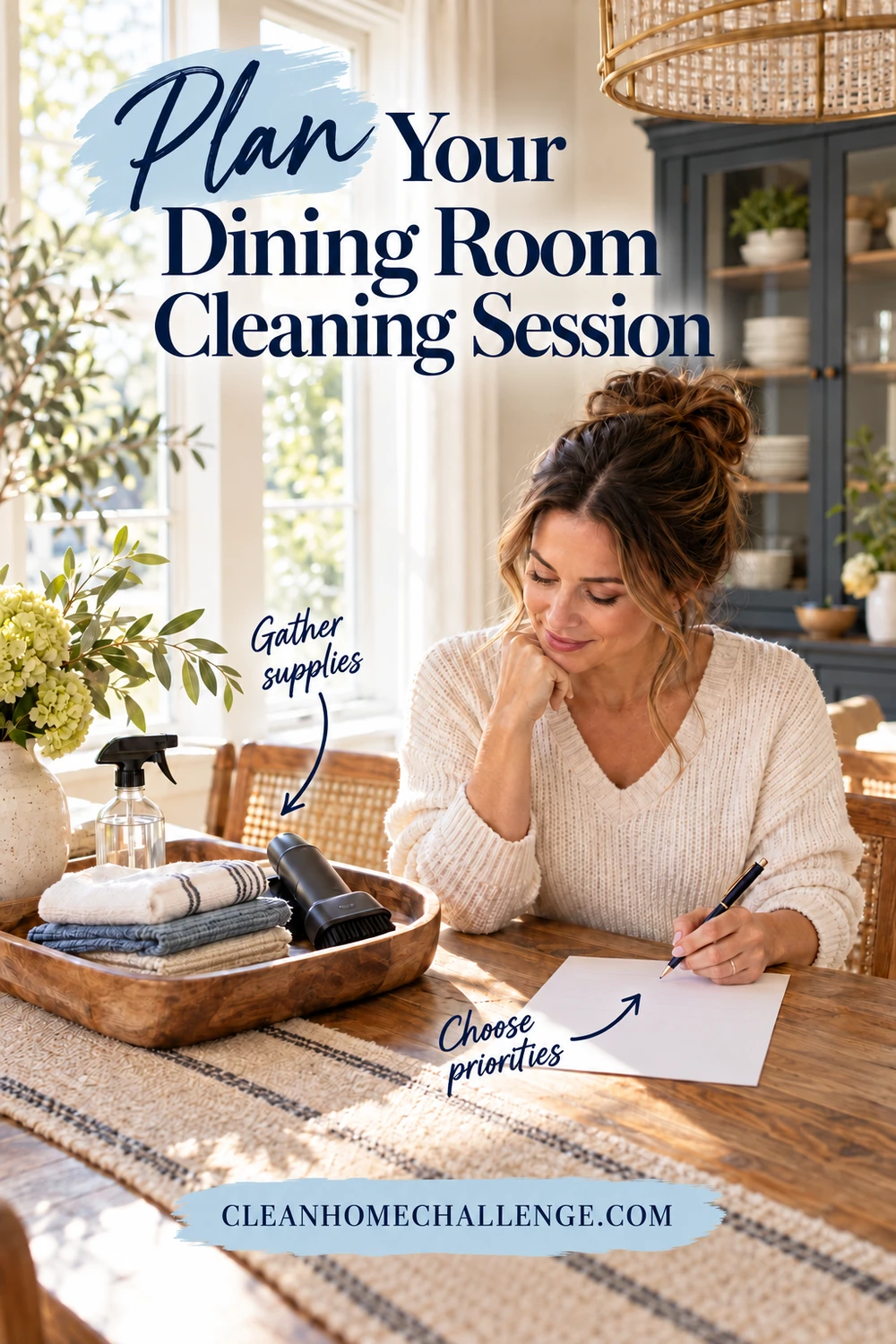 A woman considers a blank checklist at a dining table beside a tray of folded cloths and a vacuum attachment, with arrows to supplies and priorities.