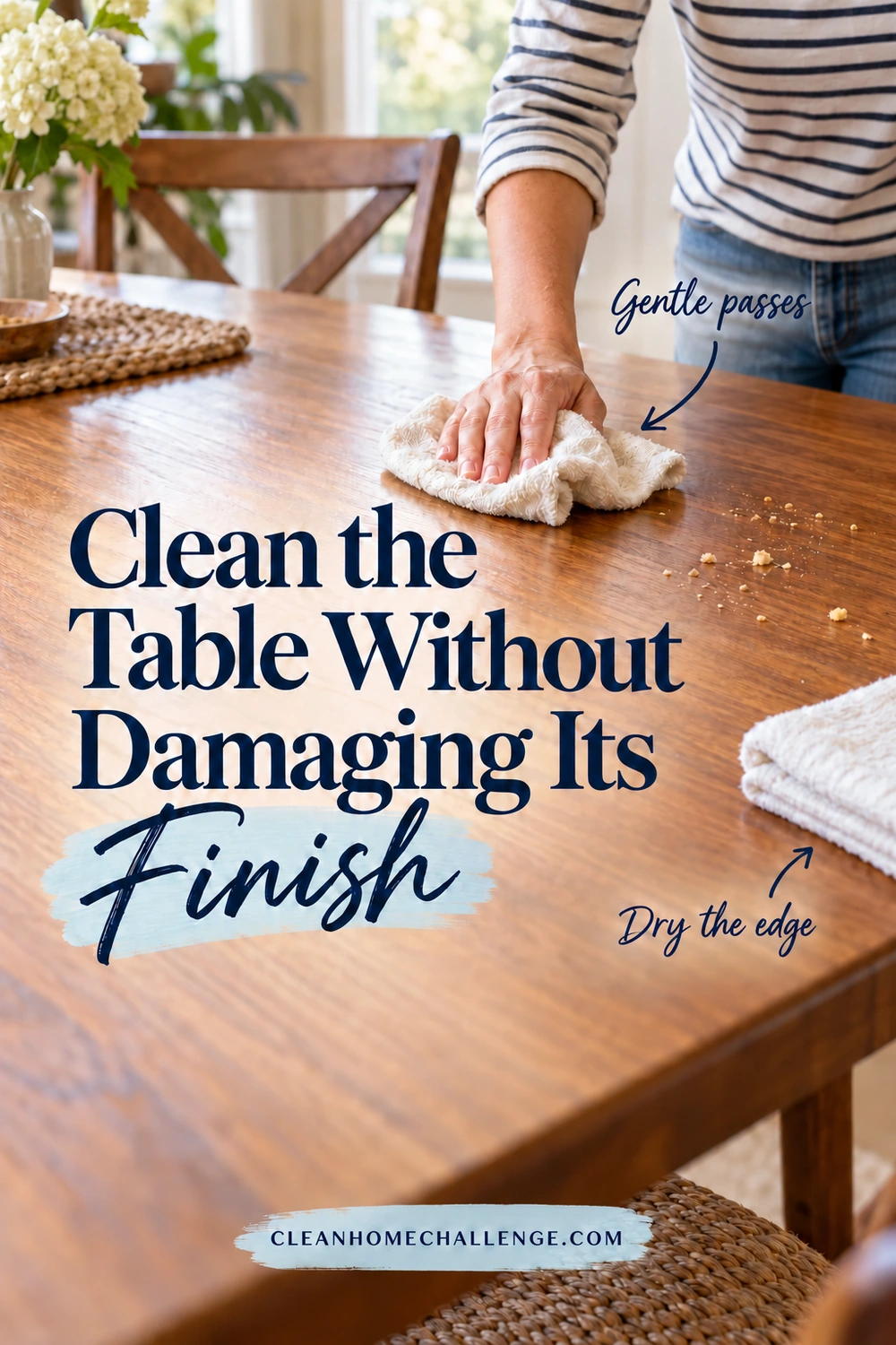 A hand gently wipes a wood dining table with a soft cloth, with a separate folded dry cloth near the table edge.