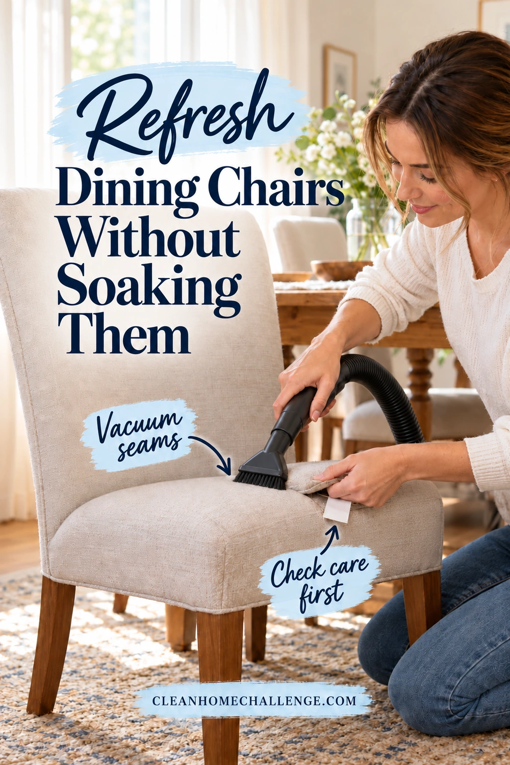 A woman uses a small dry-vacuum brush attachment along a fabric dining-chair seam beside its visible care tag.