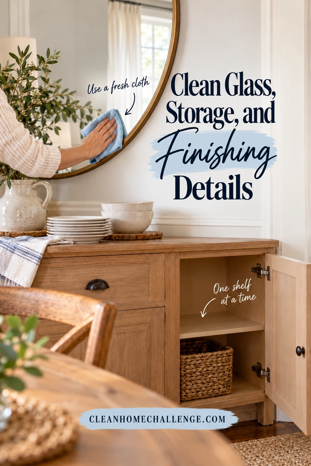 A hand wipes a round dining-room mirror with a fresh cloth above a sideboard with one cleared shelf and neatly stacked dishes.