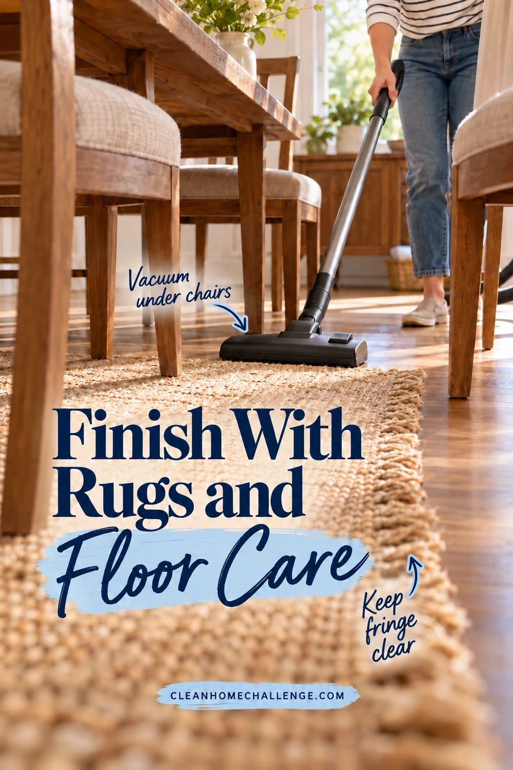 A woman vacuums beneath dining chairs beside a woven rug, keeping its fringe clear of the vacuum head.