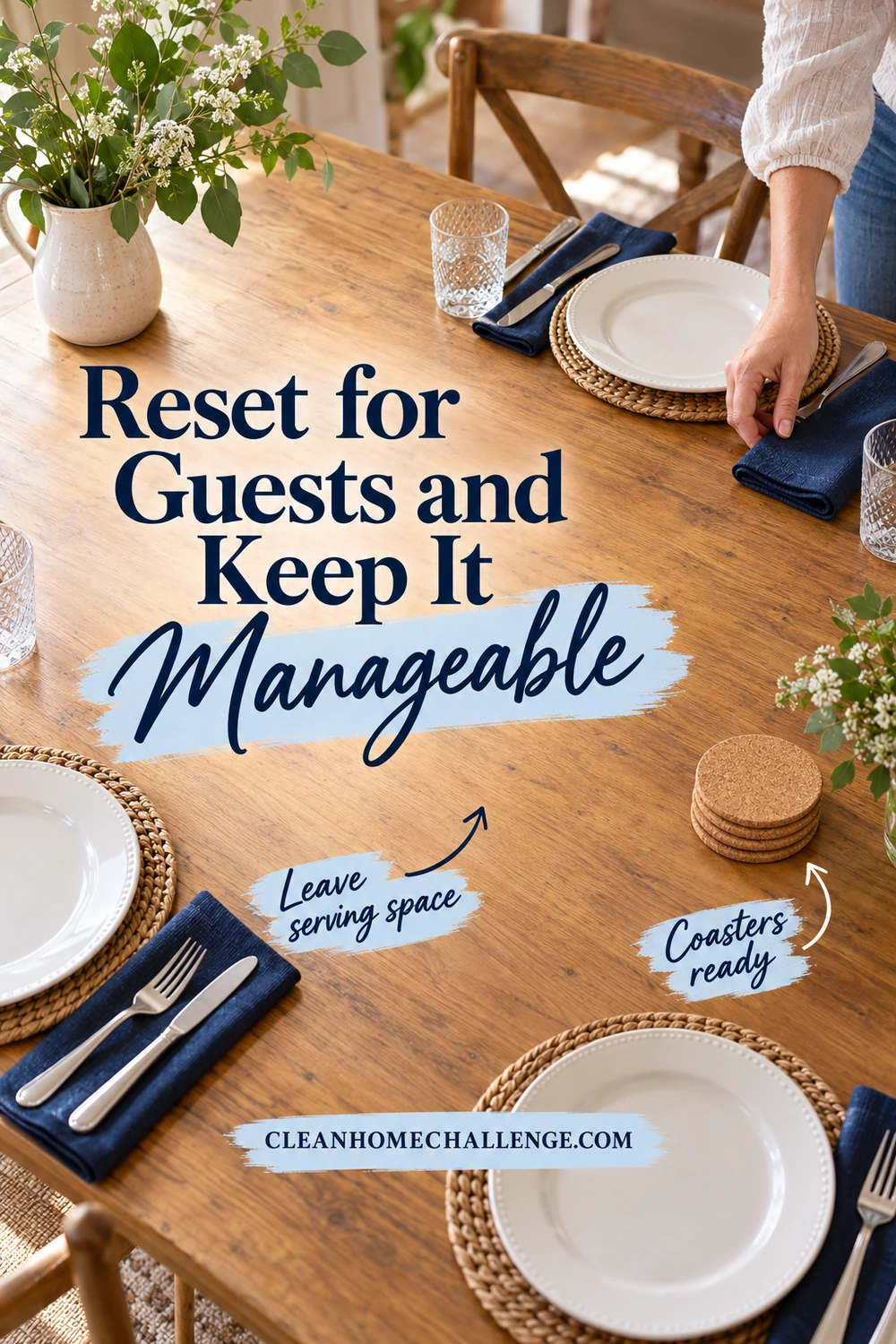 An angled view of a family dining table with simple place settings, clean navy napkins, cork coasters, and open serving space.