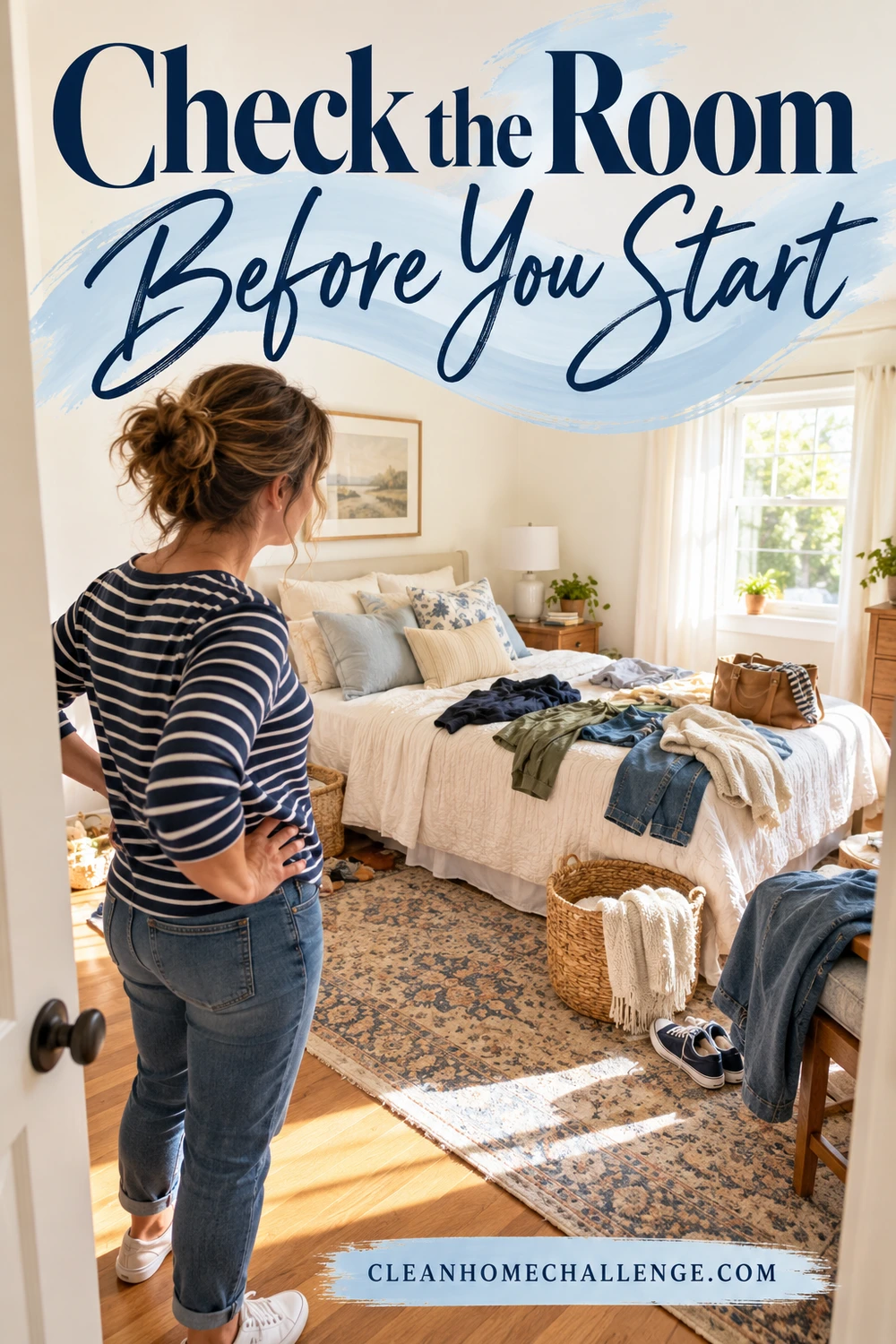 Woman surveys a cluttered bedroom from the doorway before starting.