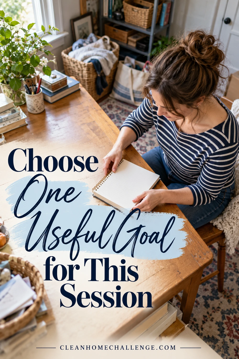 Woman sits at a cleared wooden desk with an open notebook.