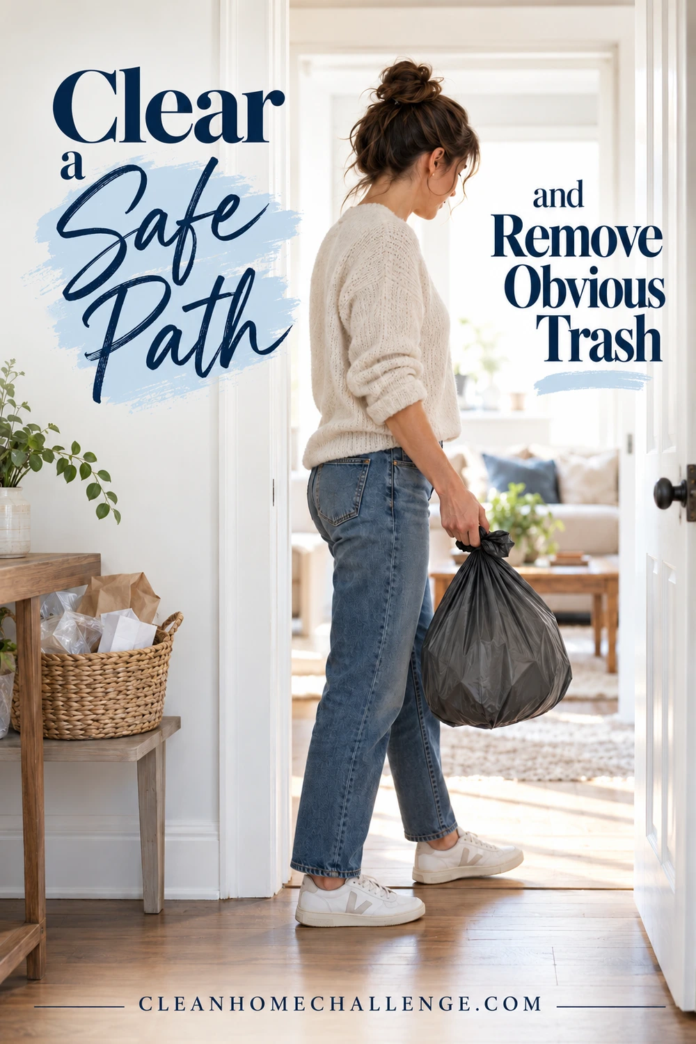 Woman in closed shoes carries a tied trash bag through a clear doorway.
