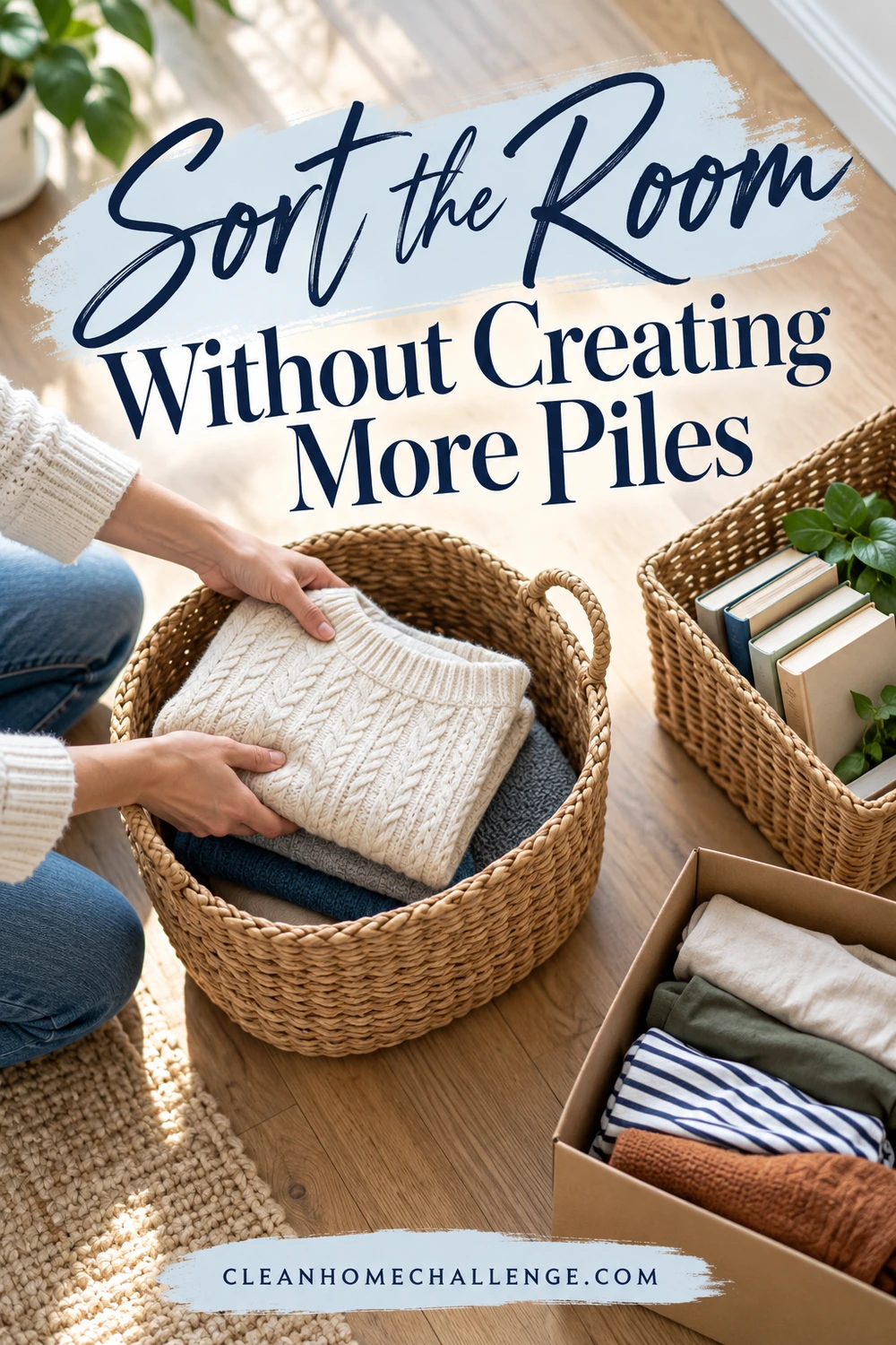 Hands place a folded sweater into a basket beside books and a donation box.