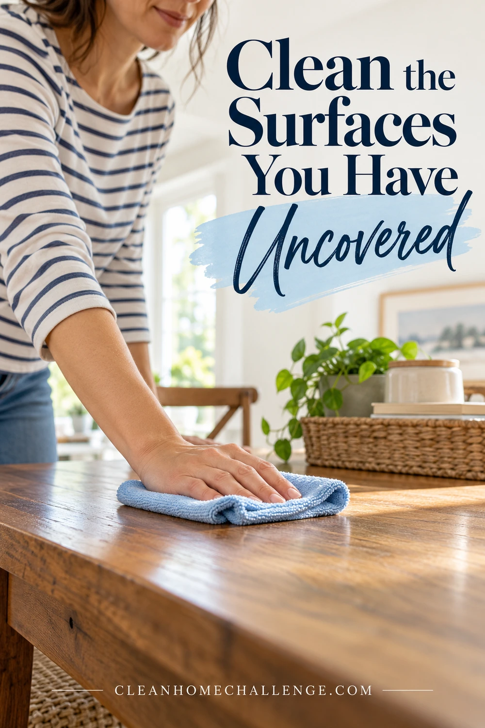 Woman wipes an uncovered wooden tabletop with a folded blue cloth.