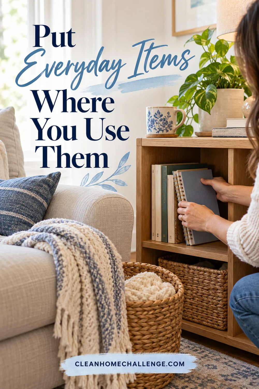 Hands return a notebook to a shelf beside an armchair.