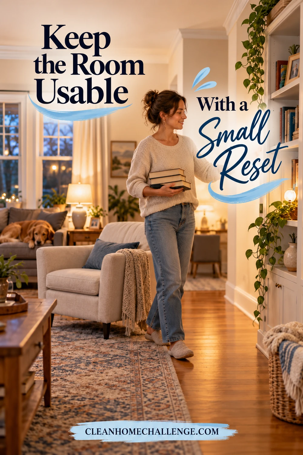 Woman returns books to a shelf in an evening living room with a clear walkway.