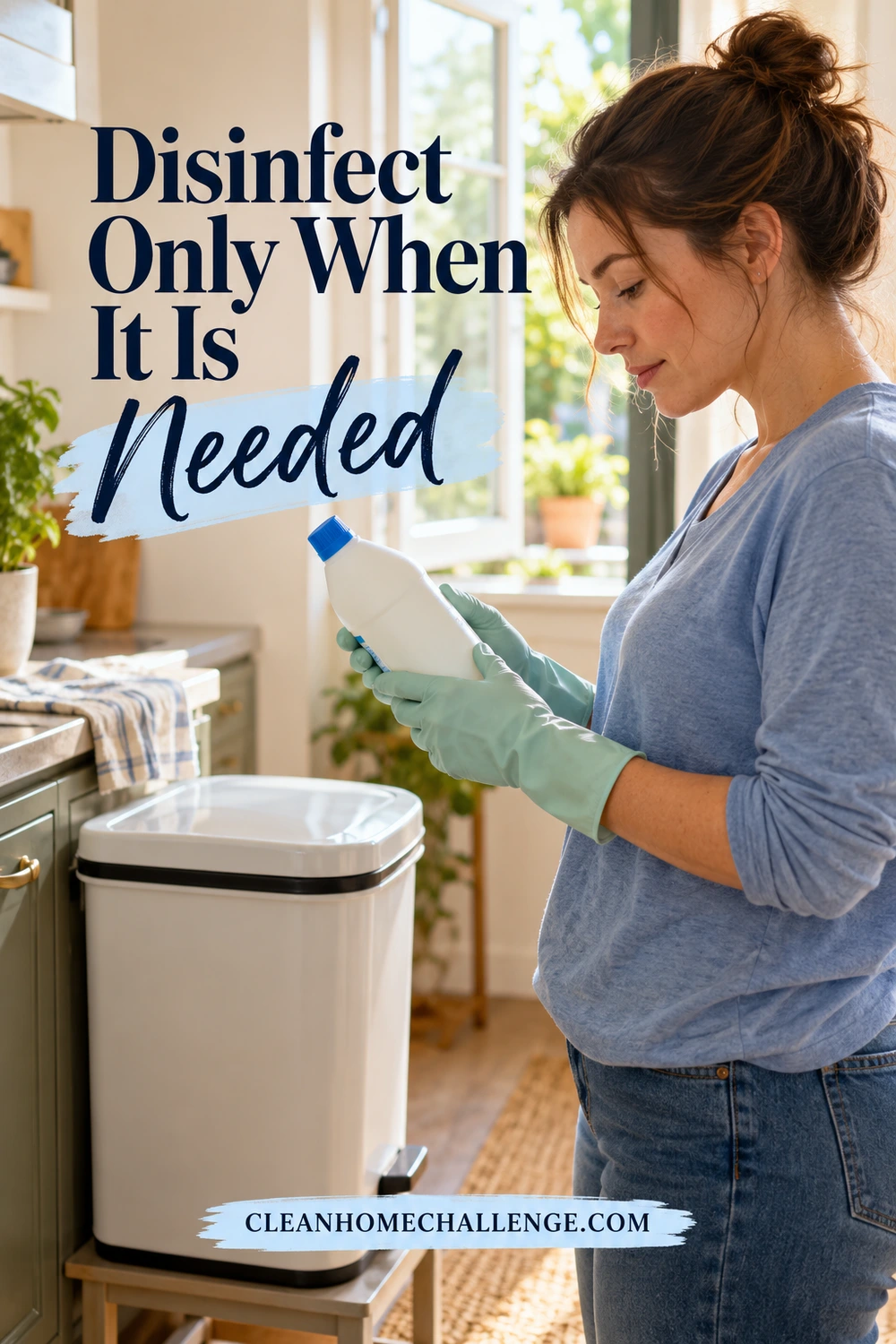 Woman wearing gloves studies a cleaning bottle beside a white bin and an open window.